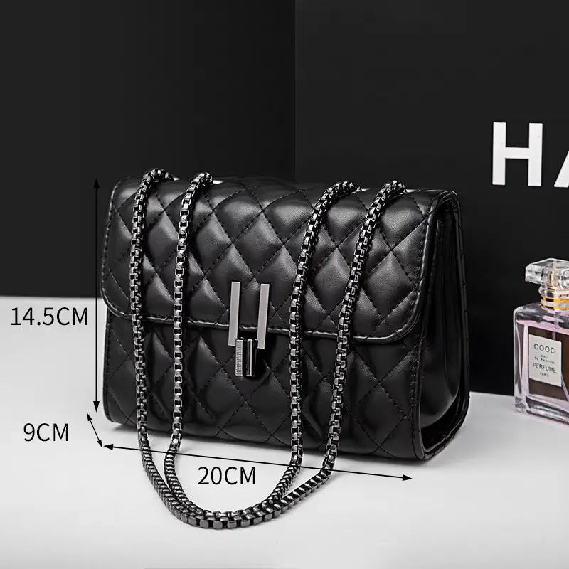 PU Diamond Grid Chain Lock Square Flap Bag with Internal Zipper Compartments - Black