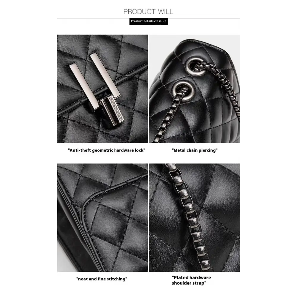 PU Diamond Grid Chain Lock Square Flap Bag with Internal Zipper Compartments - Black