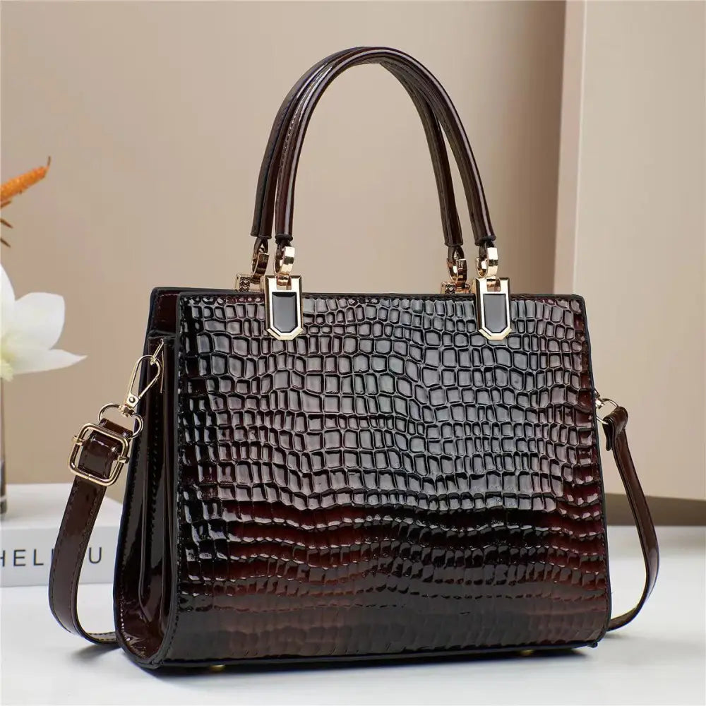 PU Horizontal Square Suitcase Bag with Multiple Zipper Compartments - Brown