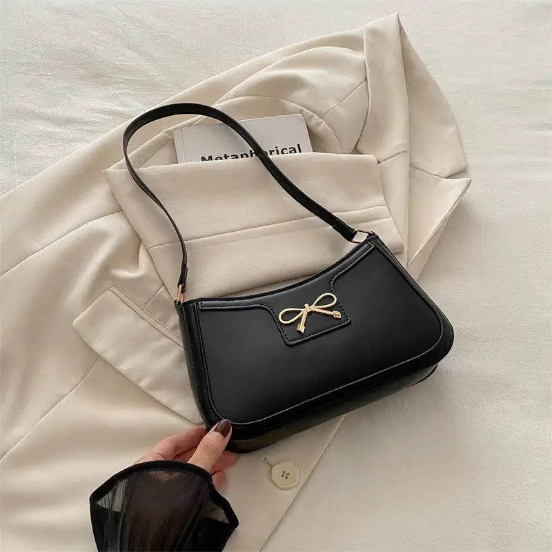 PU Leather Bow Accent Handbag in Multiple Colors - Black / 24X14X5