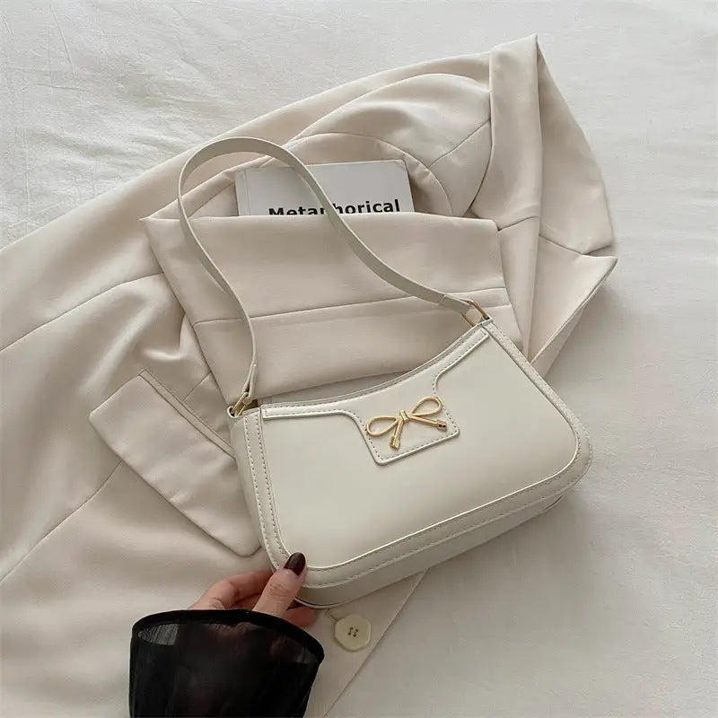 PU Leather Bow Accent Handbag in Multiple Colors - White / 24X14X5