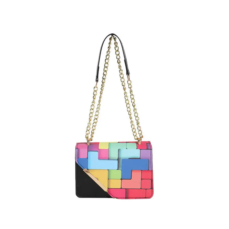 PU Leather Crossbody Bag with Chain and Outer Pocket 20x14x7 cm - Black