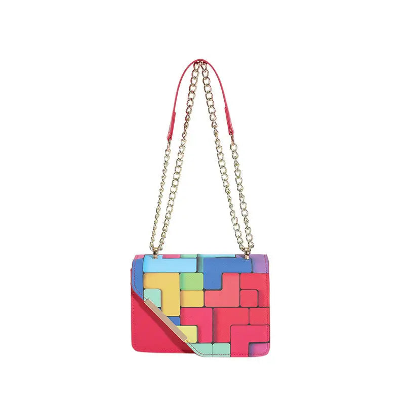PU Leather Crossbody Bag with Chain and Outer Pocket 20x14x7 cm - Rose Red