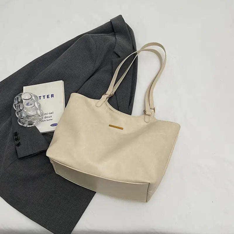 PU Leather Double Handle Zipper Tote Bag 39 x 29 x 13 cm - Beige / No pendant
