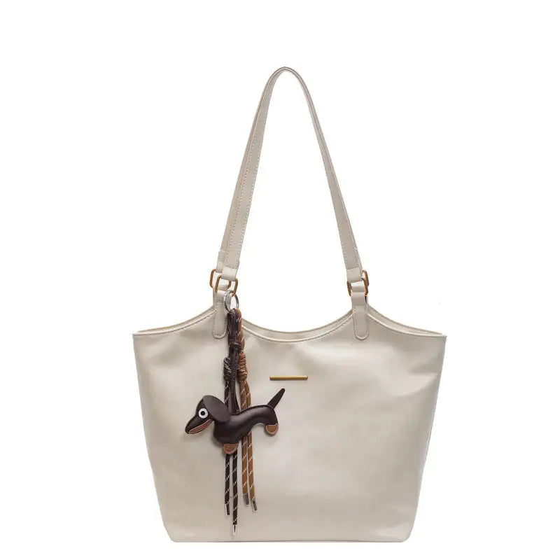 PU Leather Double Handle Zipper Tote Bag 39 x 29 x 13 cm - Beige / Pendant