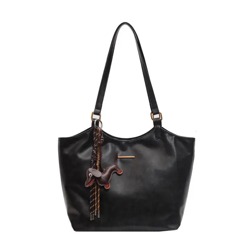 PU Leather Double Handle Zipper Tote Bag 39 x 29 x 13 cm - Black / Pendant