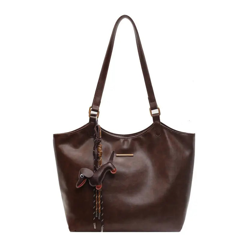 PU Leather Double Handle Zipper Tote Bag 39 x 29 x 13 cm - Brown / Pendant
