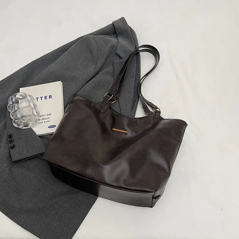 PU Leather Double Handle Zipper Tote Bag 39 x 29 x 13 cm - Coffee color / No pendant