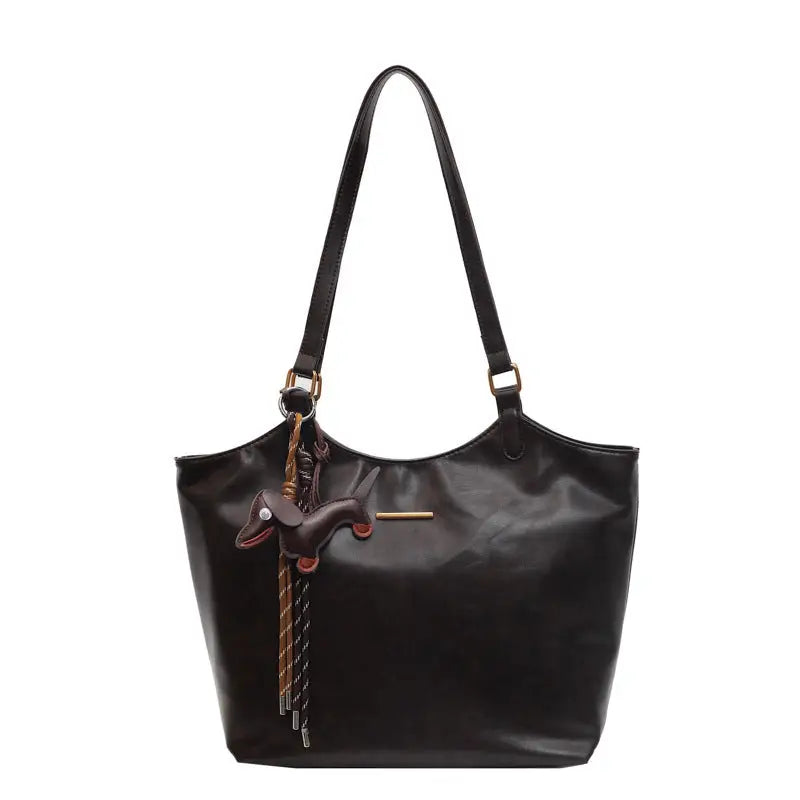 PU Leather Double Handle Zipper Tote Bag 39 x 29 x 13 cm - Coffee color / Pendant