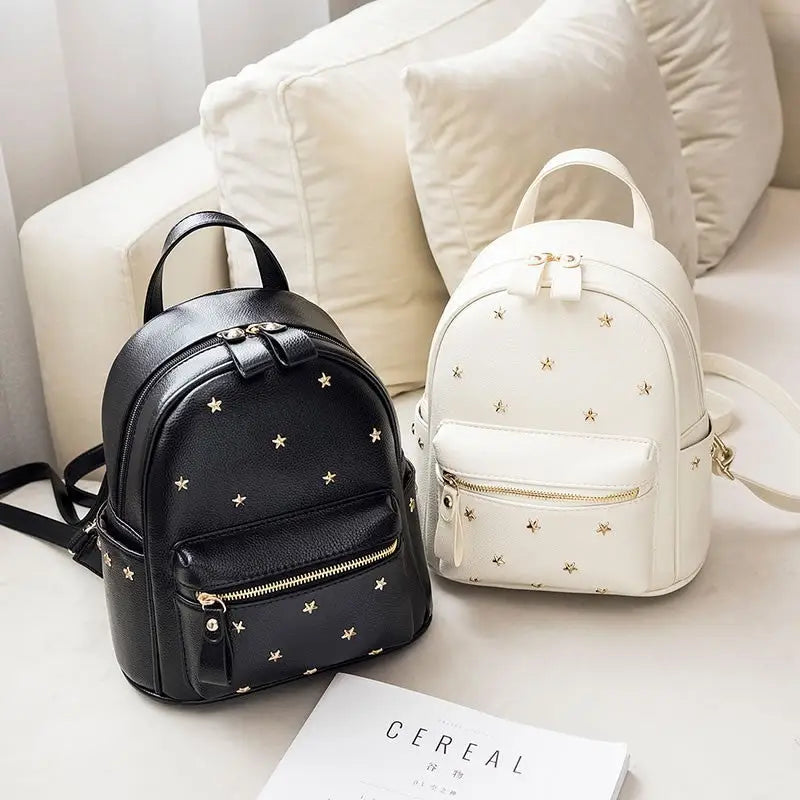 PU Leather Double Shoulder Bag with Rivet Accents and Three Dimensional Pocket