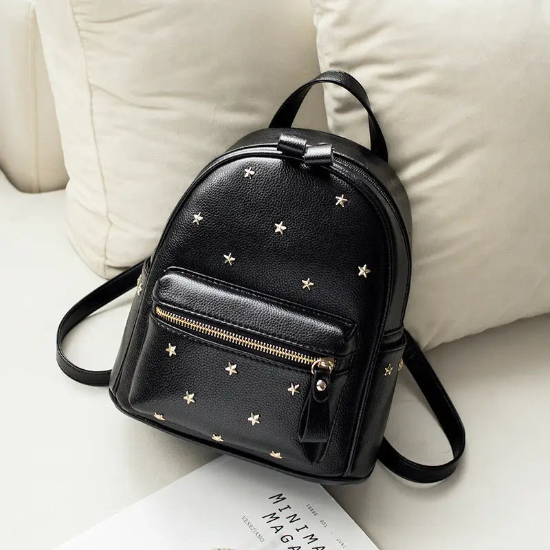 PU Leather Double Shoulder Bag with Rivet Accents and Three Dimensional Pocket - Black