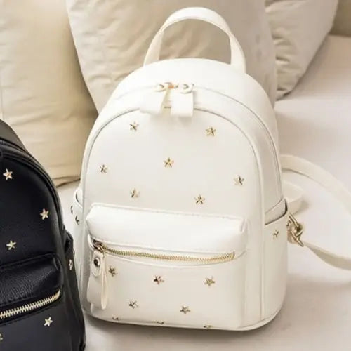 PU Leather Double Shoulder Bag with Rivet Accents and Three Dimensional Pocket - White
