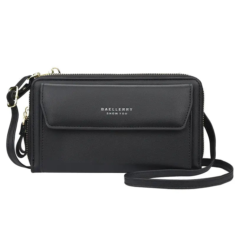 PU Leather Horizontal Square Bag with Zipper Buckle and Soft Finish - Black - 7