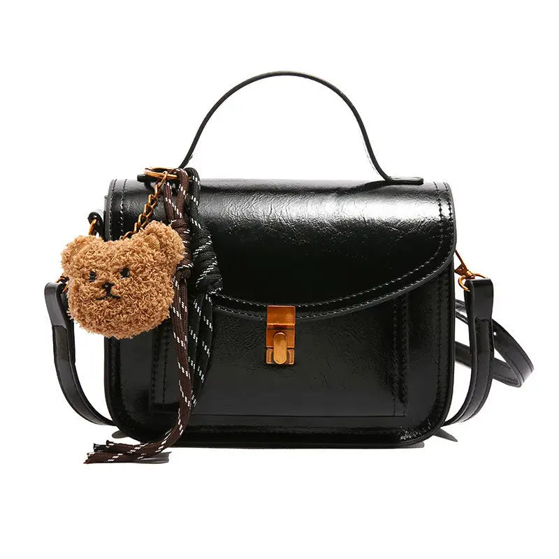 PU Leather Horizontal Square Bag with Zipper Compartment - Black