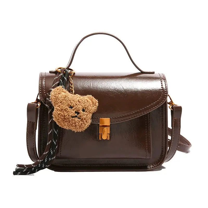 PU Leather Horizontal Square Bag with Zipper Compartment - Brown