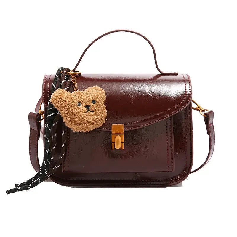 PU Leather Horizontal Square Bag with Zipper Compartment - Wine Red