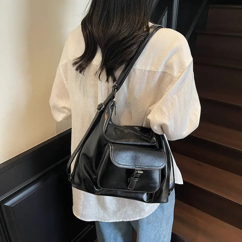 PU Leather Horizontal Square Suitcase with Double Shoulder Straps