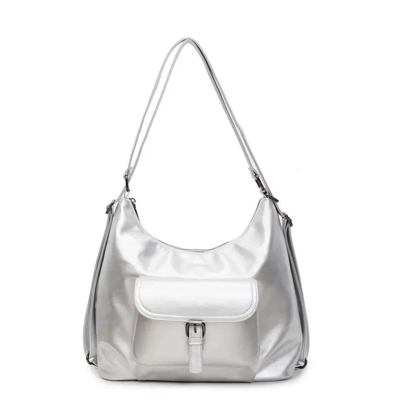 PU Leather Horizontal Square Suitcase with Double Shoulder Straps - Silver / 31x13x30