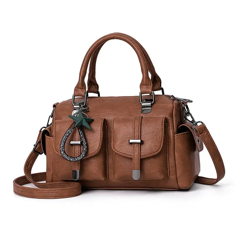 PU Leather Multi-Pocket Handbag in Multiple Colors - Khaki 2