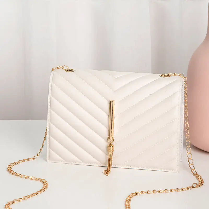 PU Leather Plaid Shoulder Bag Horizontal Square 19.5 x 5 x 13 cm - White