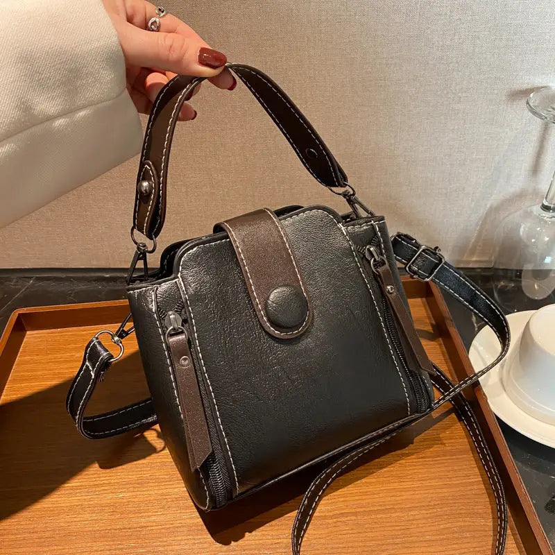 PU Leather Retro Shoulder Handbag with Adjustable Strap - Black