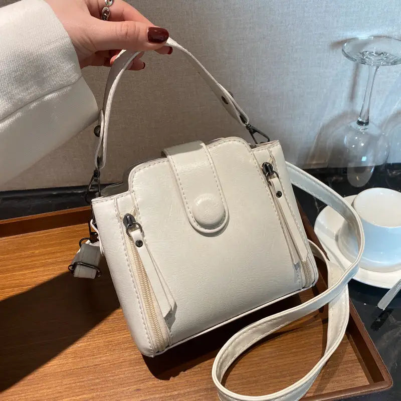 PU Leather Retro Shoulder Handbag with Adjustable Strap - White