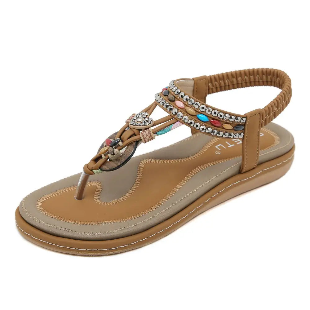 PU Rhinestone Sandals with Elastic Band and TPR Sole - Khaki / 36
