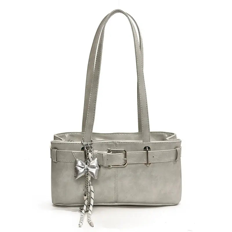 PU Shoulder Bag with Pendant and Sandwich Pocket in Multiple Colors - Gray With Pendant / 32x9x16