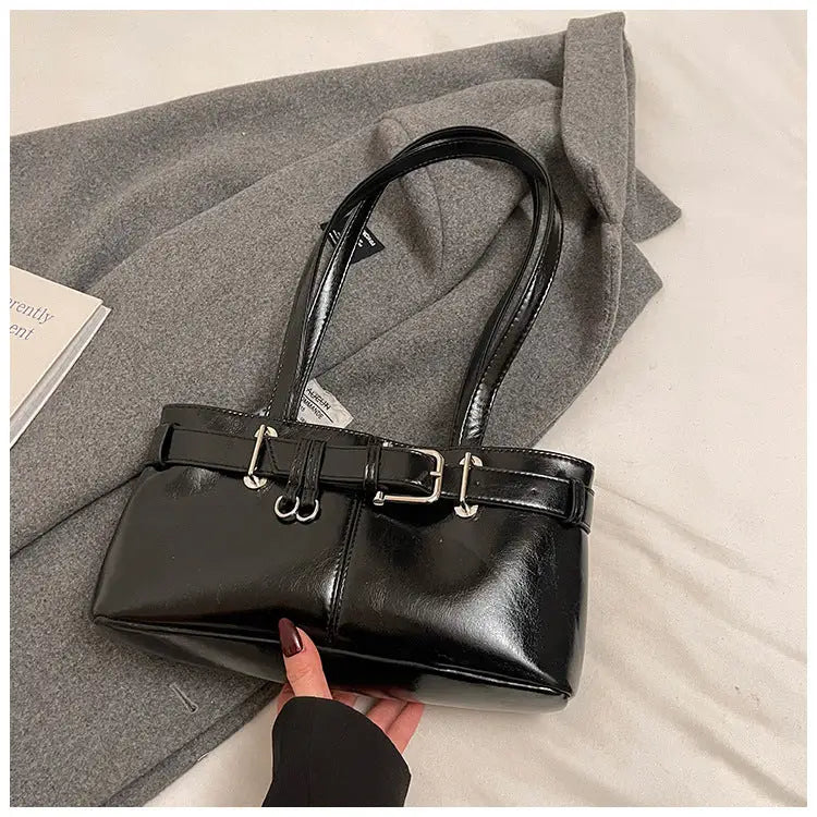 PU Shoulder Bag with Pendant and Sandwich Pocket in Multiple Colors - Black / 32x9x16
