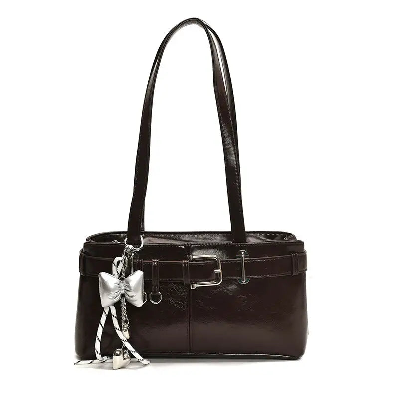 PU Shoulder Bag with Pendant and Sandwich Pocket in Multiple Colors - Brown With Pendant / 32x9x16