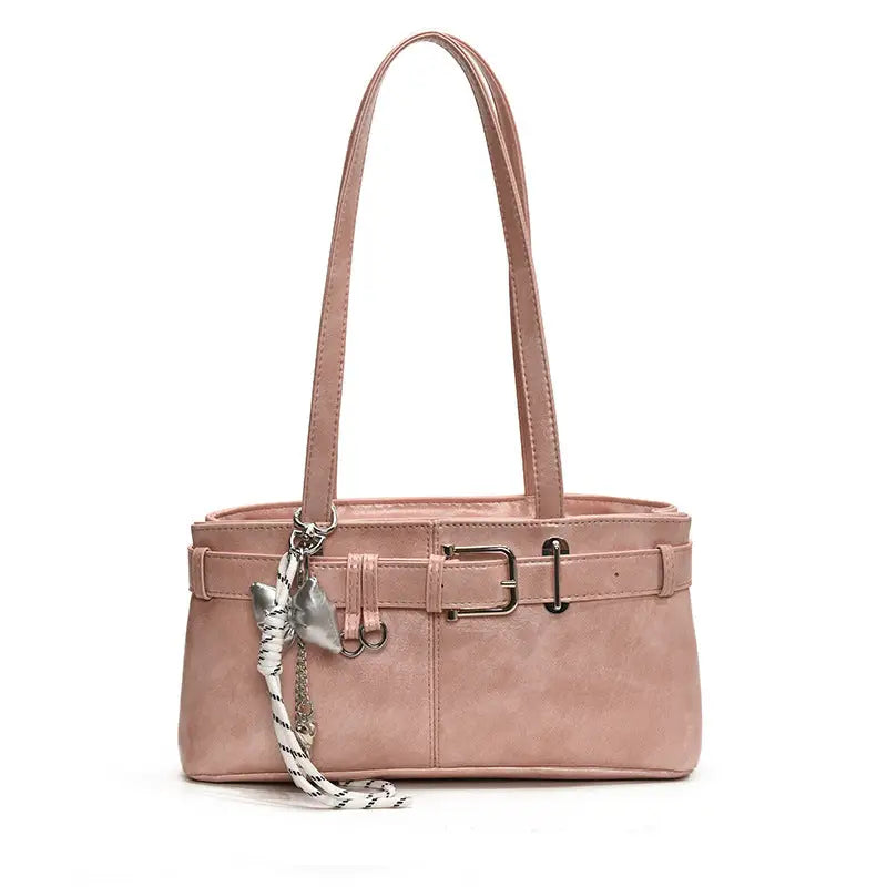 PU Shoulder Bag with Pendant and Sandwich Pocket in Multiple Colors - Pink With Pendant / 32x9x16