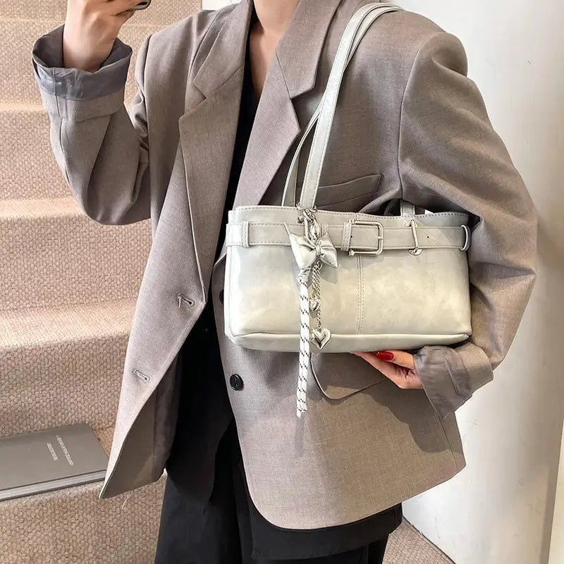 PU Shoulder Bag with Pendant and Sandwich Pocket in Multiple Colors - Gray / 32x9x16