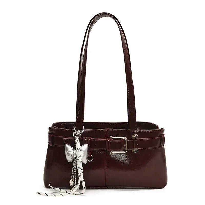 PU Shoulder Bag with Pendant and Sandwich Pocket in Multiple Colors - Wine Red With Pendant / 32x9x16