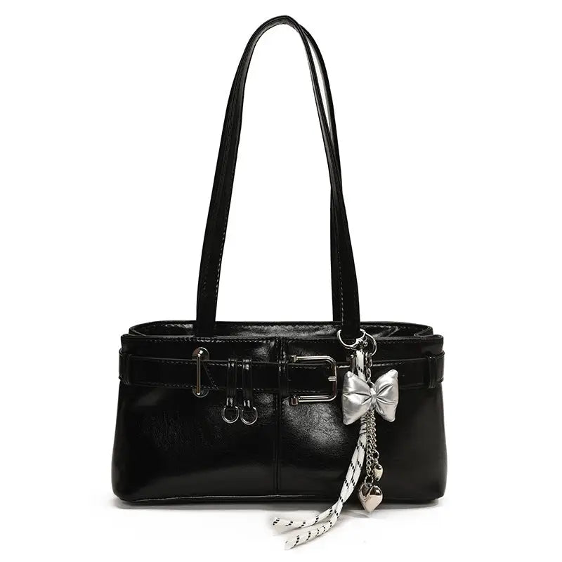 PU Shoulder Bag with Pendant and Sandwich Pocket in Multiple Colors - Black with Pendant / 32x9x16
