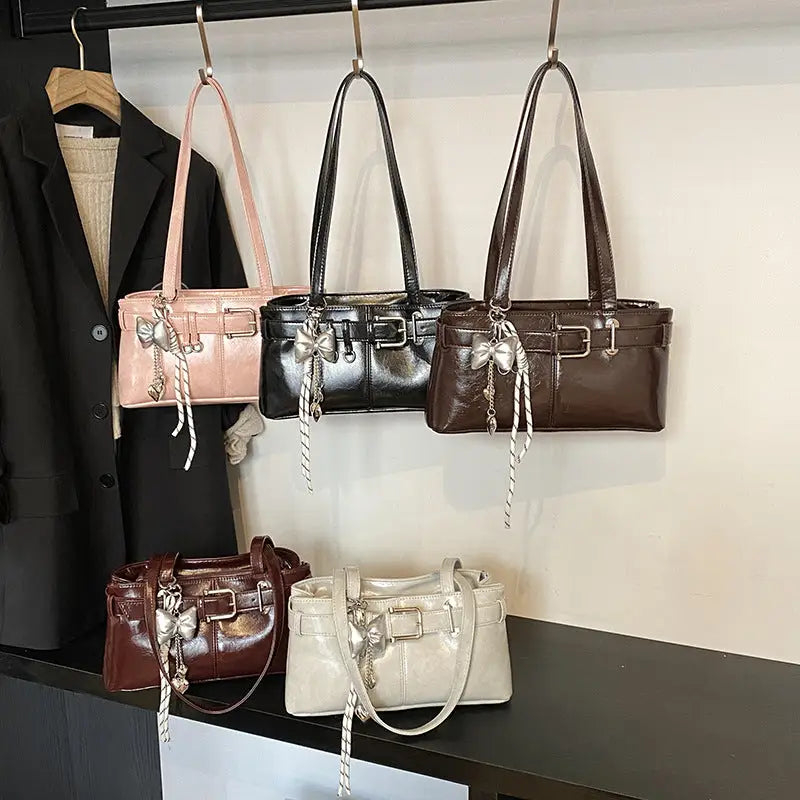 PU Shoulder Bag with Pendant and Sandwich Pocket in Multiple Colors