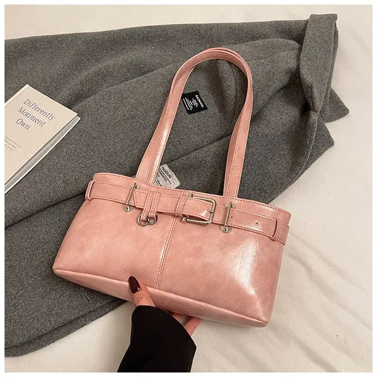 PU Shoulder Bag with Pendant and Sandwich Pocket in Multiple Colors - Pink / 32x9x16
