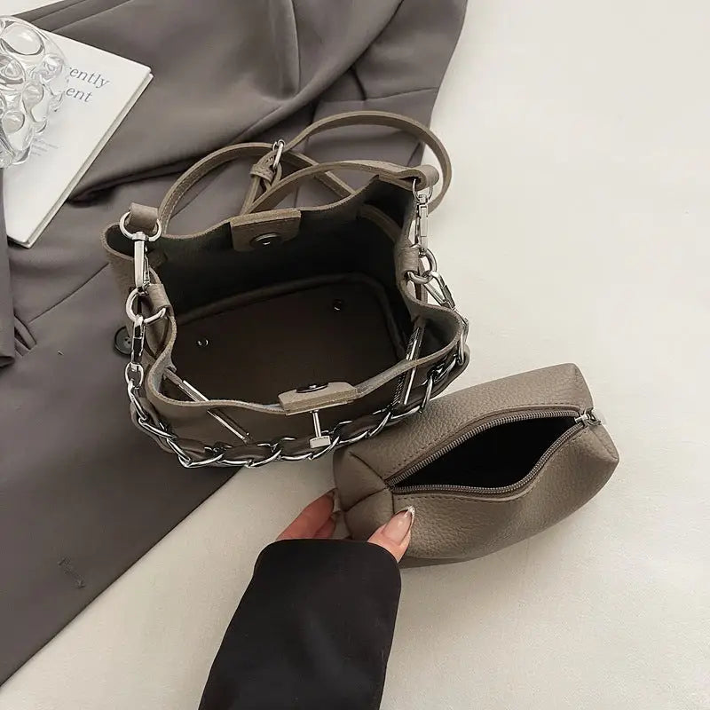 PU Suitcase Bucket Bag with Multiple Compartments and Zipper Closure