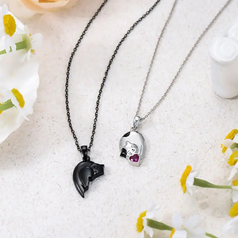Purrfect Pair: Cat Couple Pendant Necklace - Black White Cat Necklace Suit