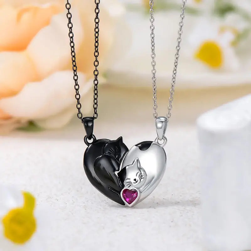 Purrfect Pair: Cat Couple Pendant Necklace - Black White Cat Necklace Suit