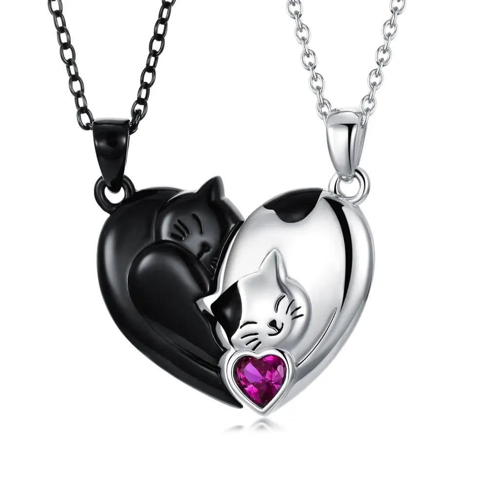 Purrfect Pair: Cat Couple Pendant Necklace - Black White Cat Necklace Suit
