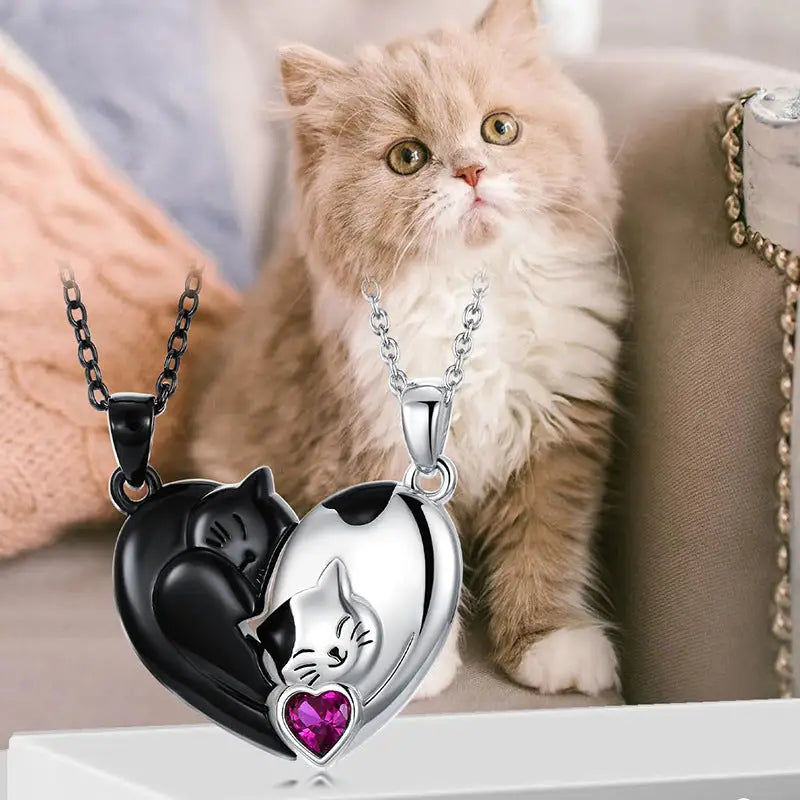 Purrfect Pair: Cat Couple Pendant Necklace - Black White Cat Necklace Suit