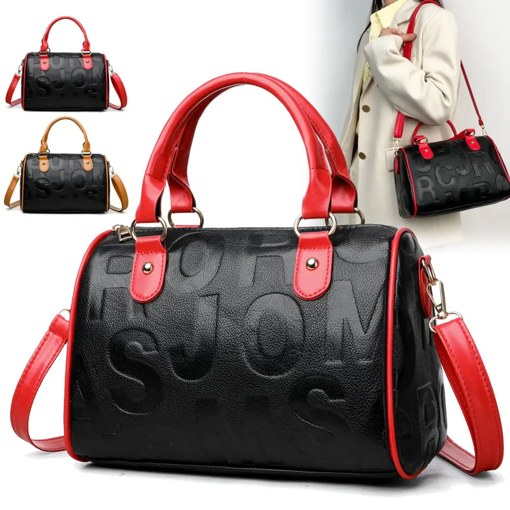 Red and Brown Cylindrical Polyester PU Suitcase with Three Shoulder Straps