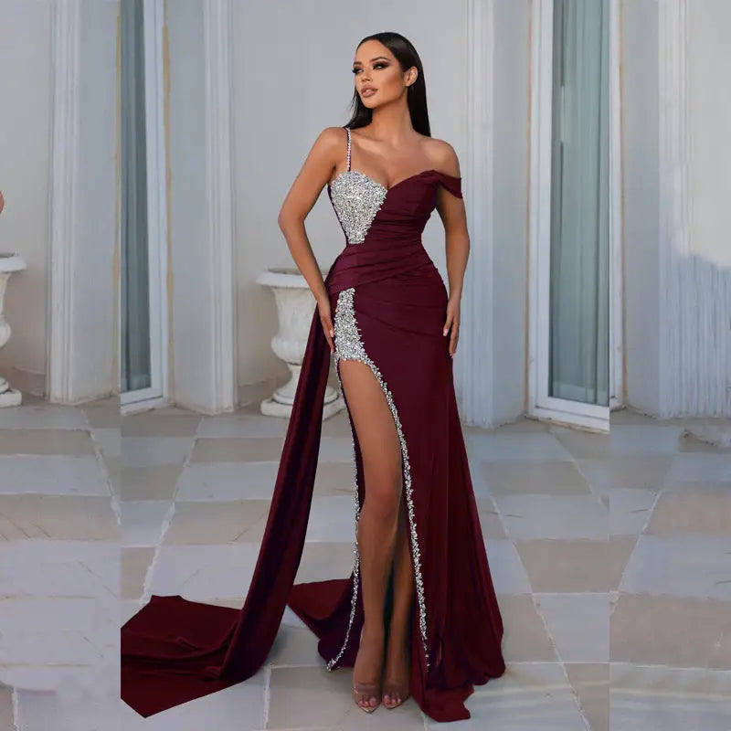 Regal Elegance: Luxe Split Gilded Evening Gown - Wine Red / S