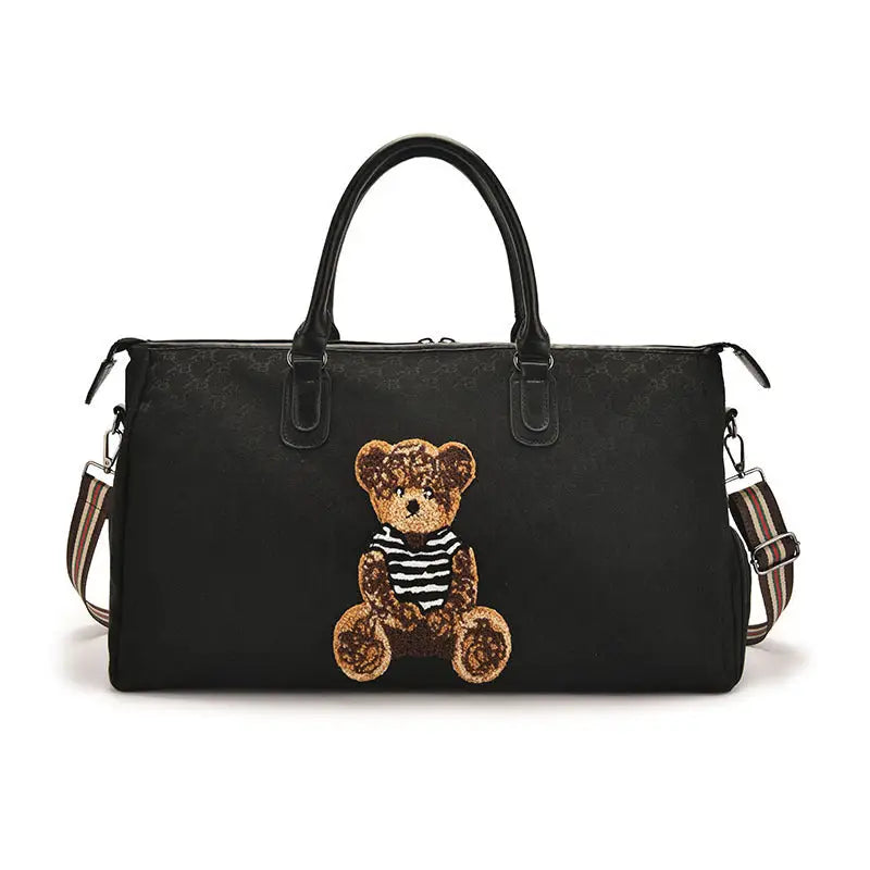 Retro Canvas Travel Bag with PU Leather and Plaid Polyester Lining - Black