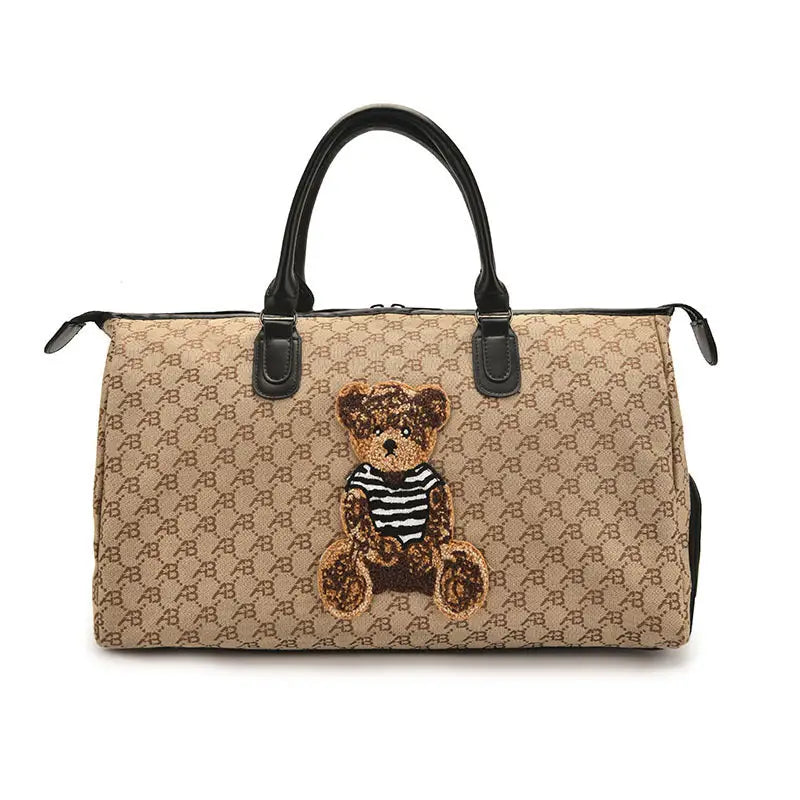 Retro Canvas Travel Bag with PU Leather and Plaid Polyester Lining - Khaki