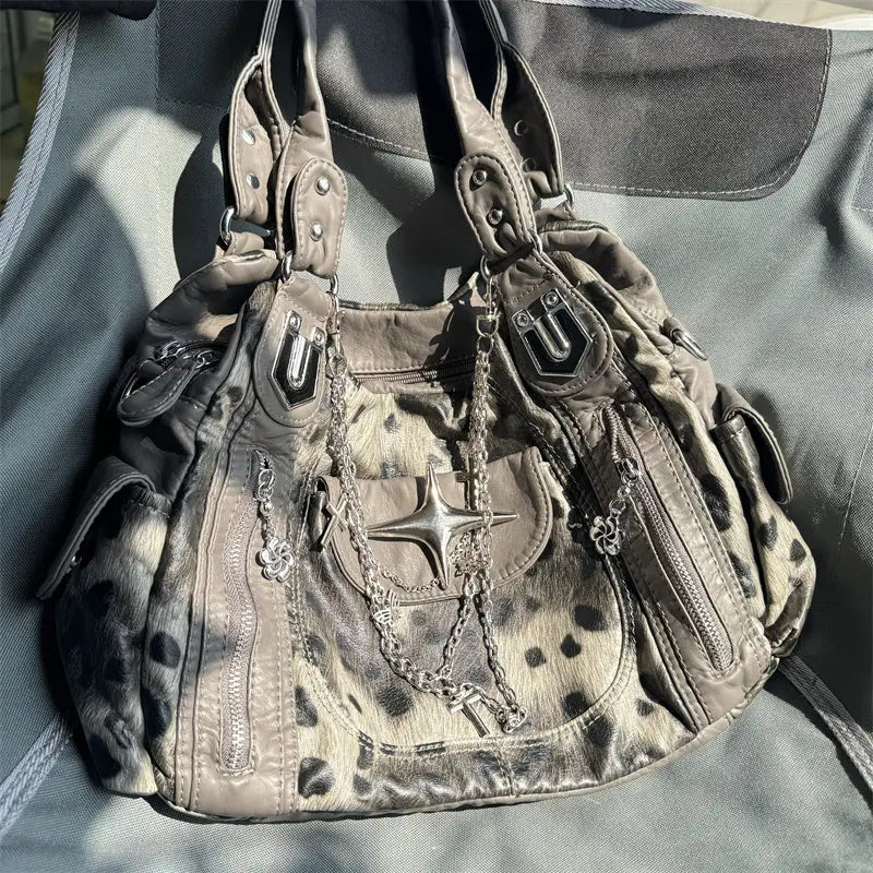 Retro Leopard Shoulder Bag - Grey