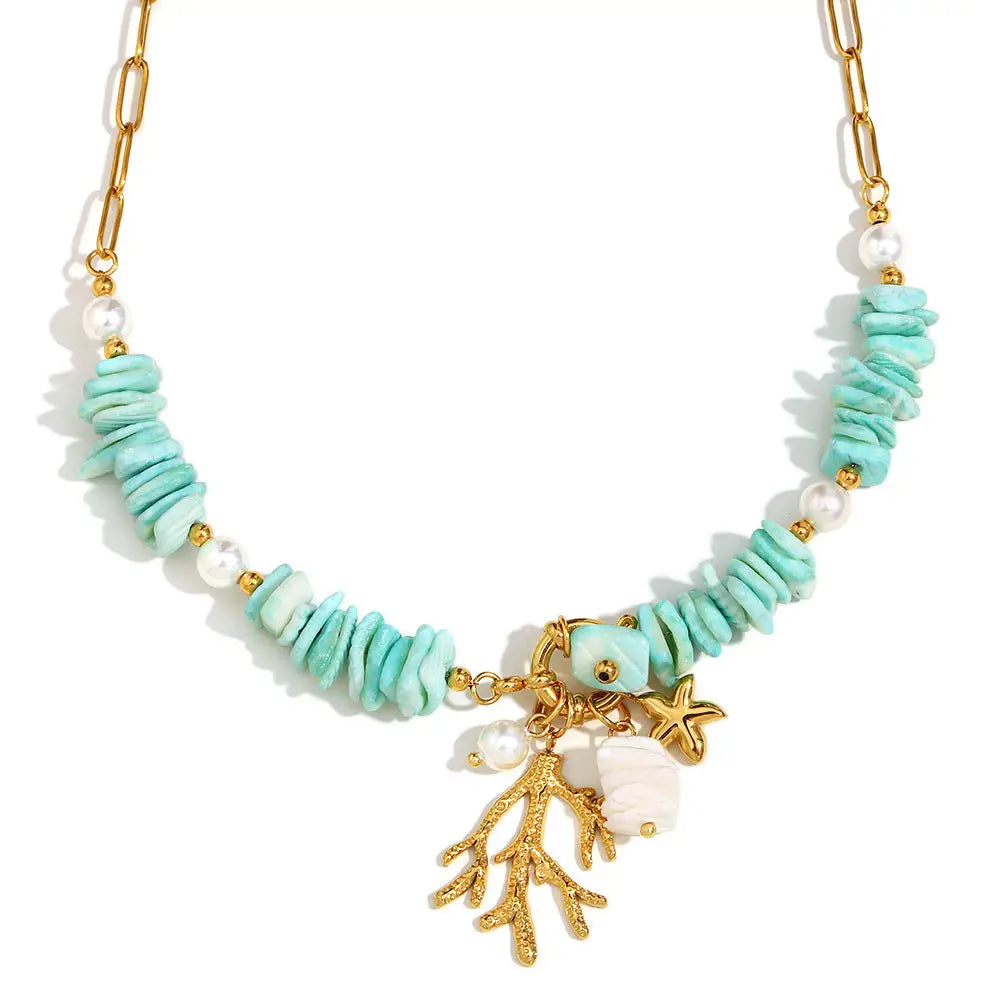 Retro Stone Paper Clip Necklace with Unique Pendant - Gold