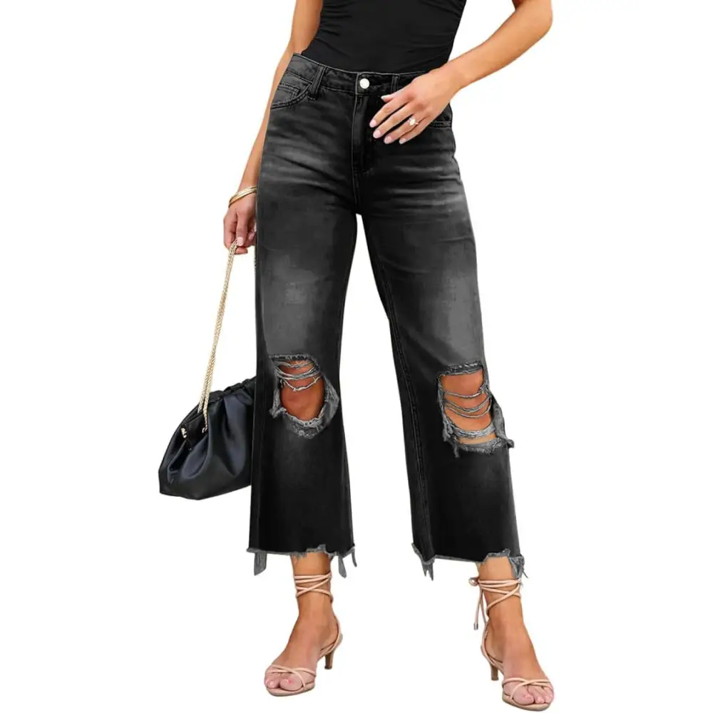 Ripped Loose Jeans - Black / L