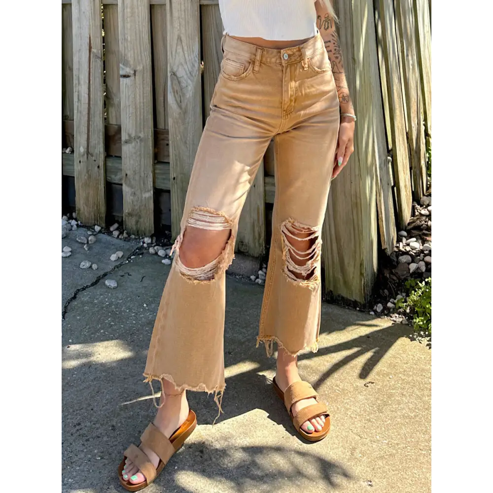 Ripped Loose Jeans - Brown / S
