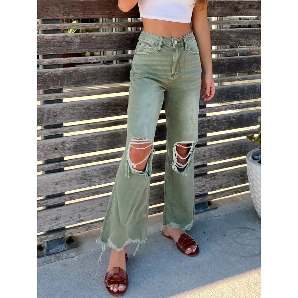 Ripped Loose Jeans - Green / S